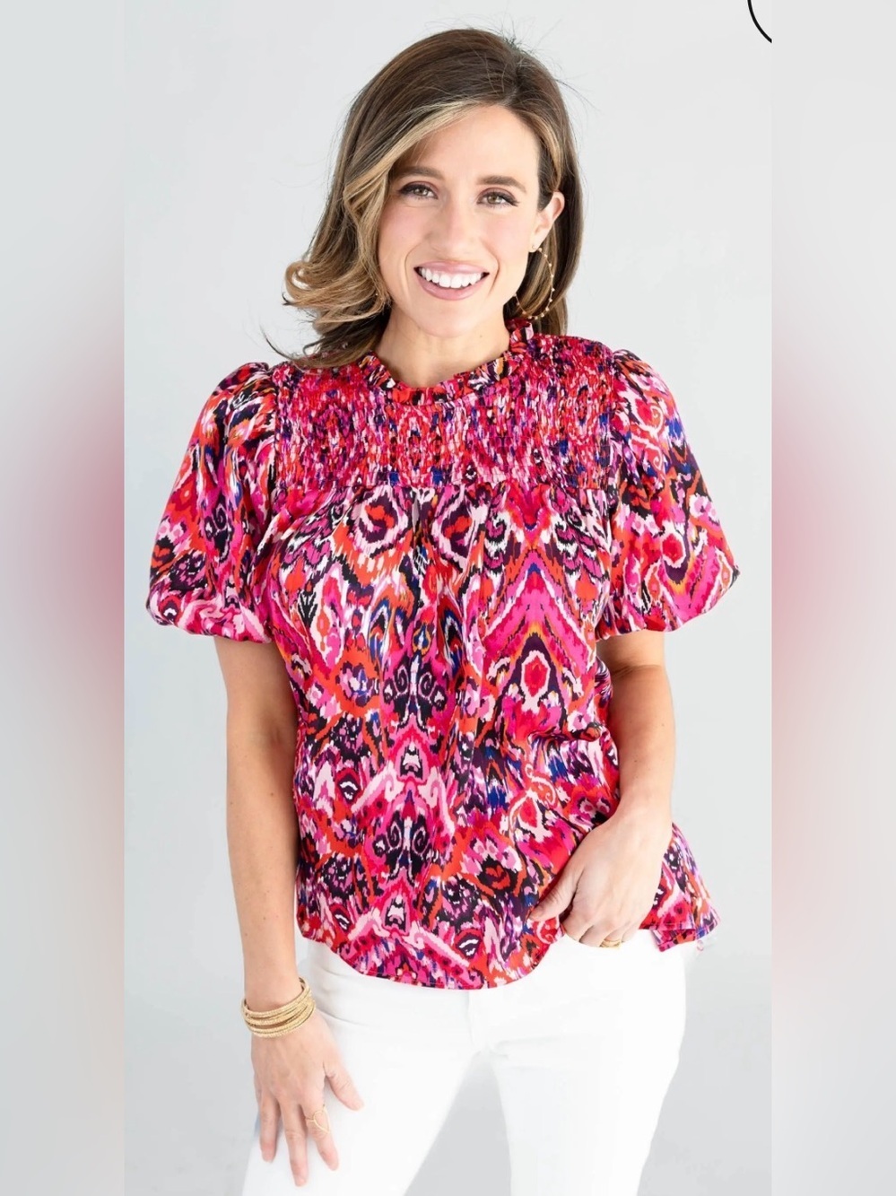 TCEC Pink Ikat Smocked Puff Sleeve Top